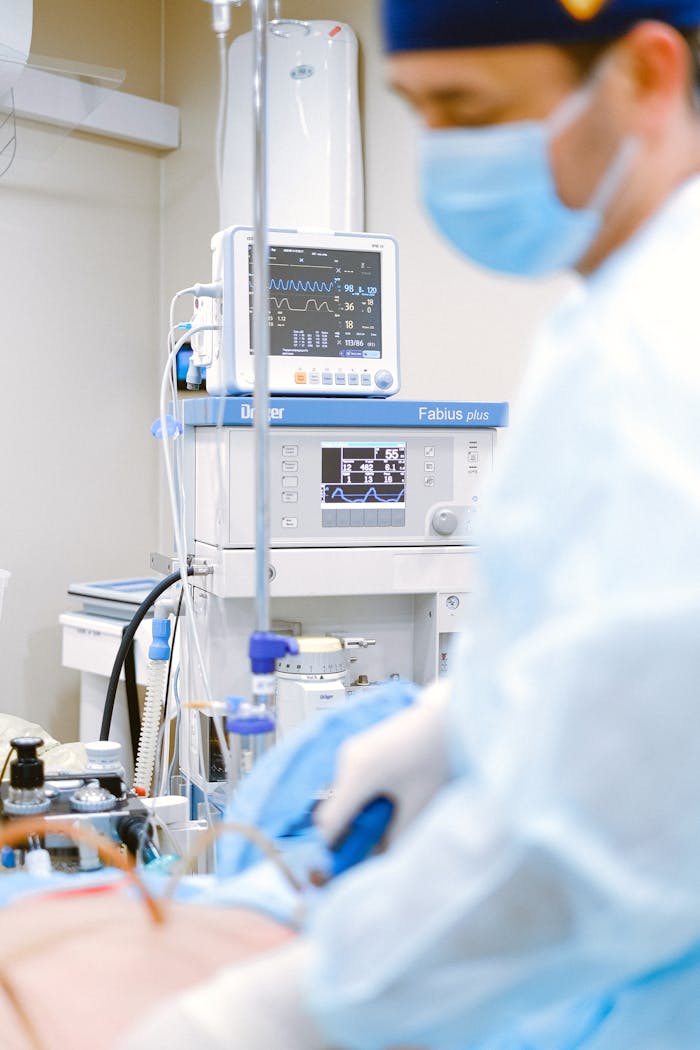Doctor uses ECG monitor in hospital setting. Focus on healthcare and medical technology.